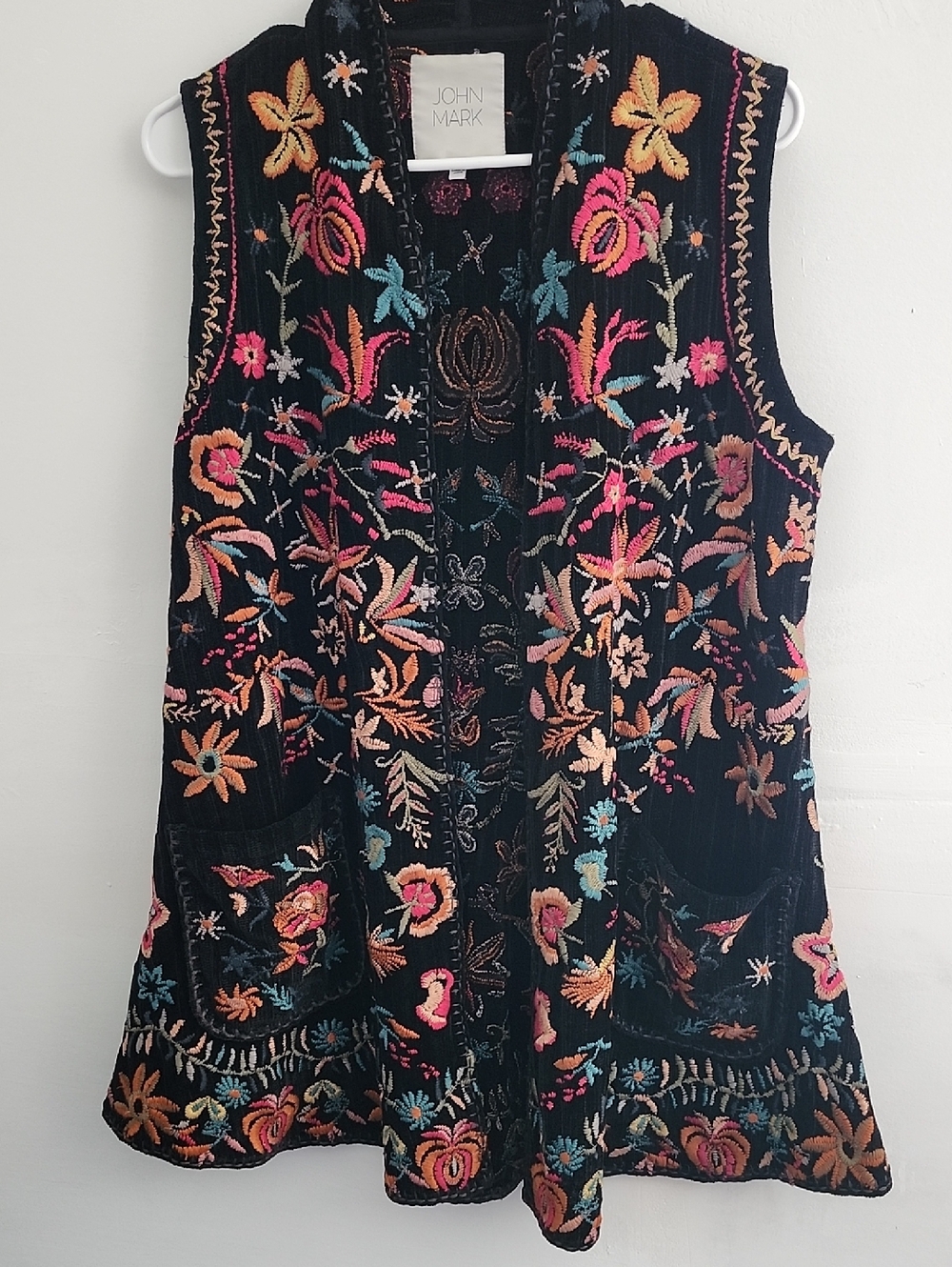 John Mark Black Velvet Embroidered Floral Vest